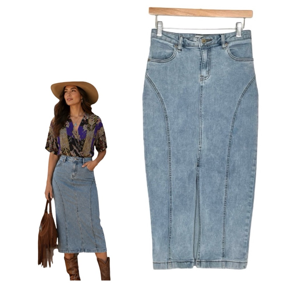 Nina Ricci Long Denim Skirt Light Blue High-Waist Denim Pencil Jeans Size 4